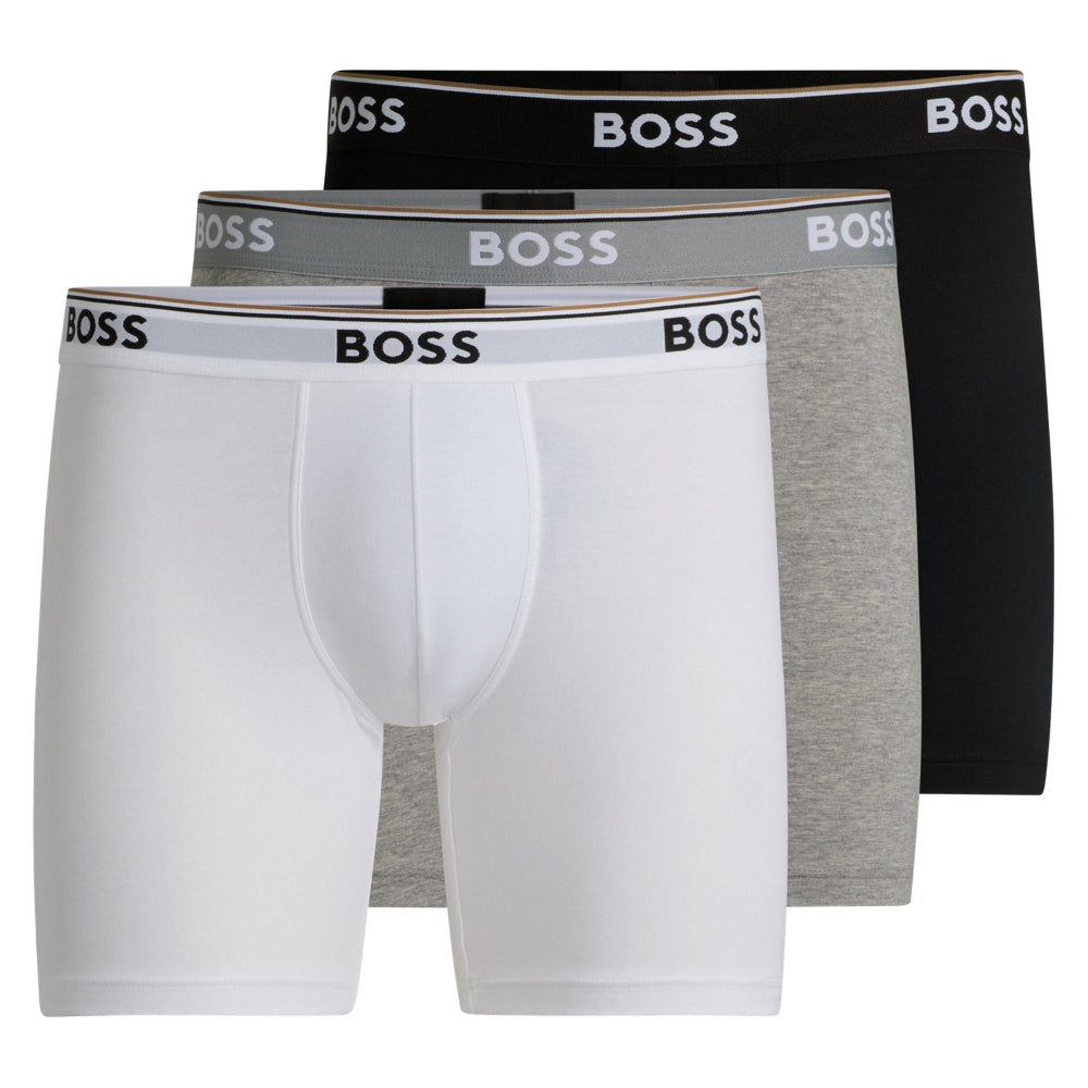 Boss mens three pack boxer trunks in grey, white and black