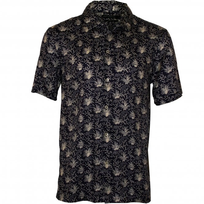 Palm Print Lyocell Short-Sleeve Shirt, Indigo-French Connection-UNDERU