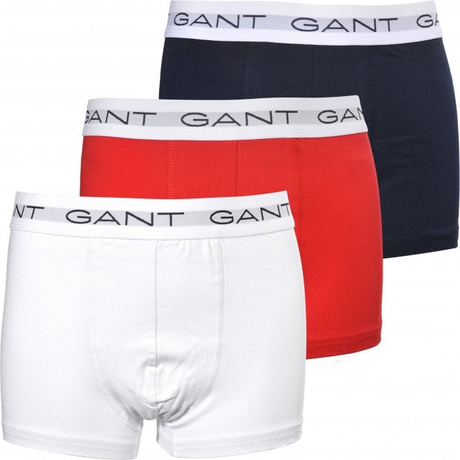 3-Pack White Waistband Boys Boxer Trunks, Navy/Red/White-GANT-UNDERU