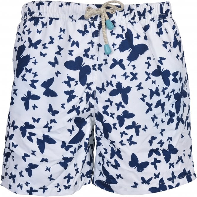 Butterfly Print Boys Swim Shorts, White/Navy-Oiler & Boiler-UNDERU