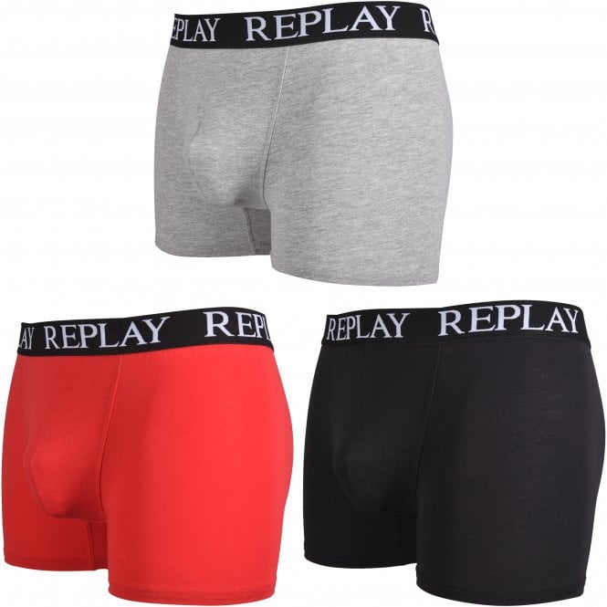 3-Pack Classic Logo Boxer Trunks, Black/Grey/Red-Replay-UNDERU