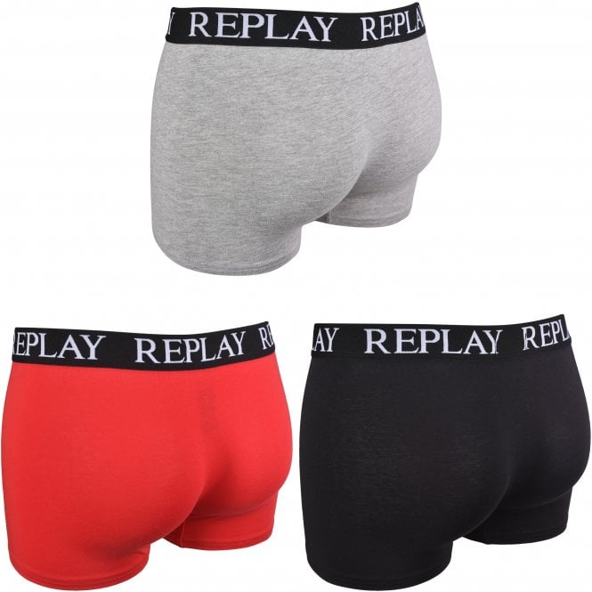 3-Pack Classic Logo Boxer Trunks, Black/Grey/Red-Replay-UNDERU