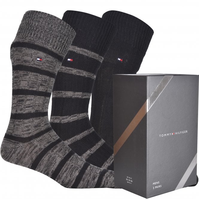 Tommy Hilfiger-3-Pack Mouline Stripe Ribbed Boots Socks Gift Box, Black Combo-UNDERU