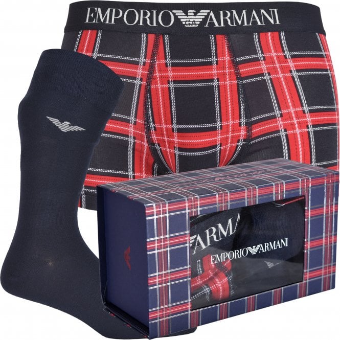 Emporio Armani-Iconic Logo Boxer Trunk & Socks Gift Set, Navy/red-UNDERU